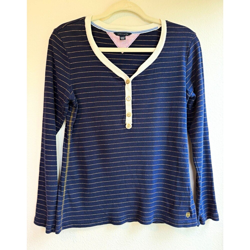 Tommy Hilfiger Women's L Navy White Striped Knit Cotton Long Sleeve Henley Top